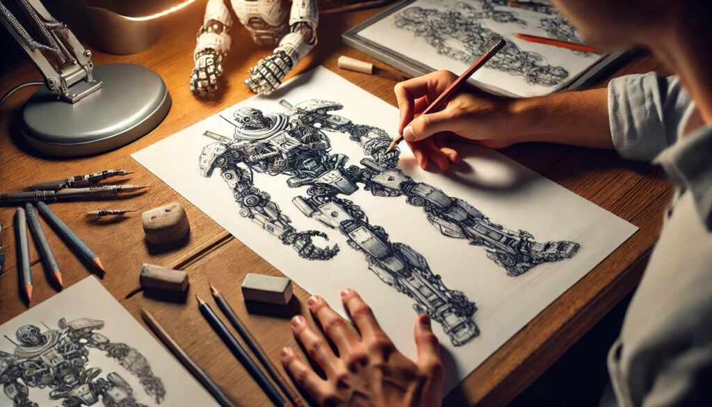 artist drawing a robot character design