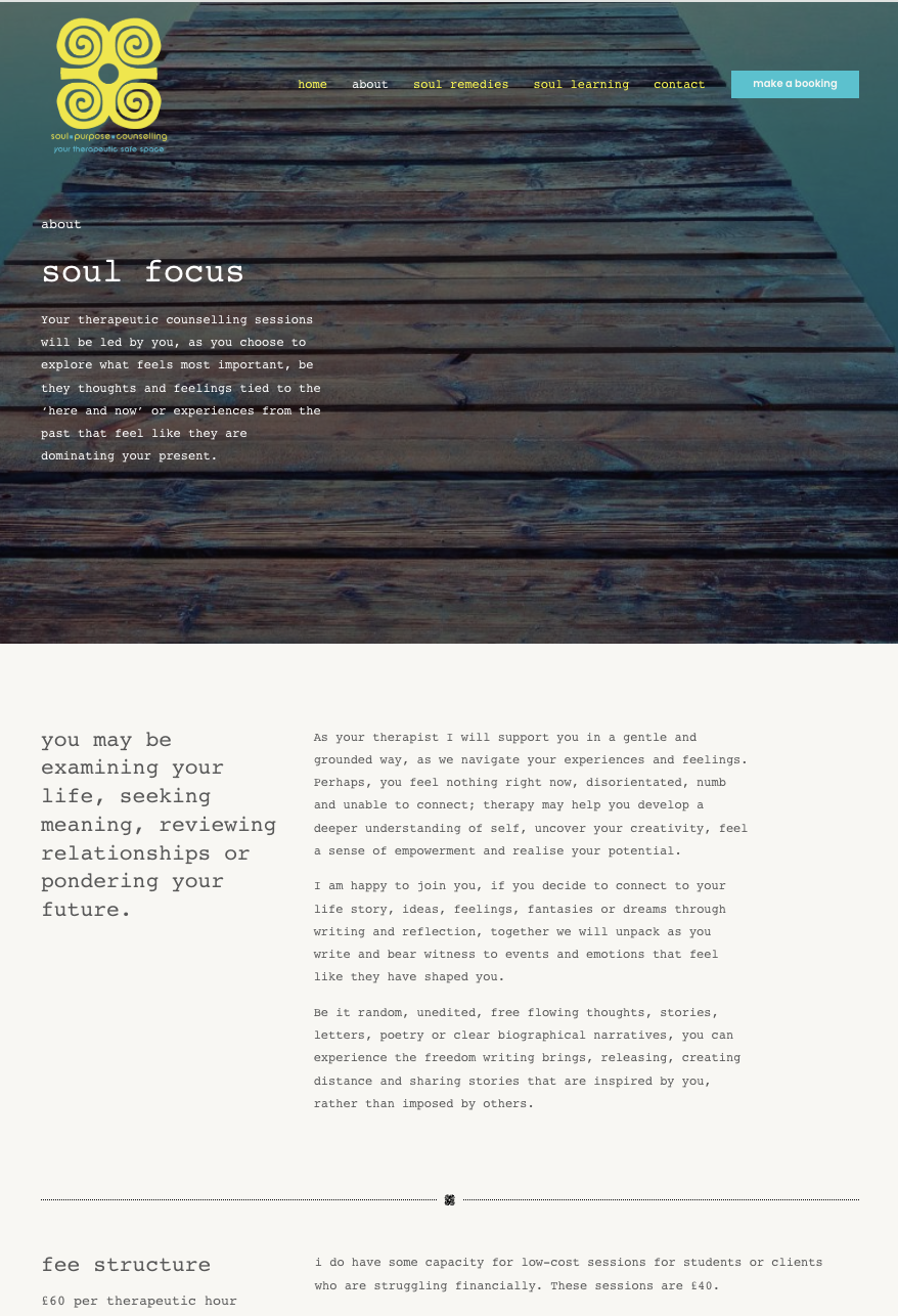 soul purpose counselling website design page